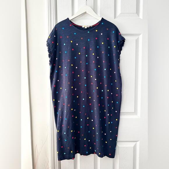 Boden Faye Navy Blue Ruffle Trim Multi Colored Polka Dot T Shirt Dress 12R J0900 - Picture 2 of 13